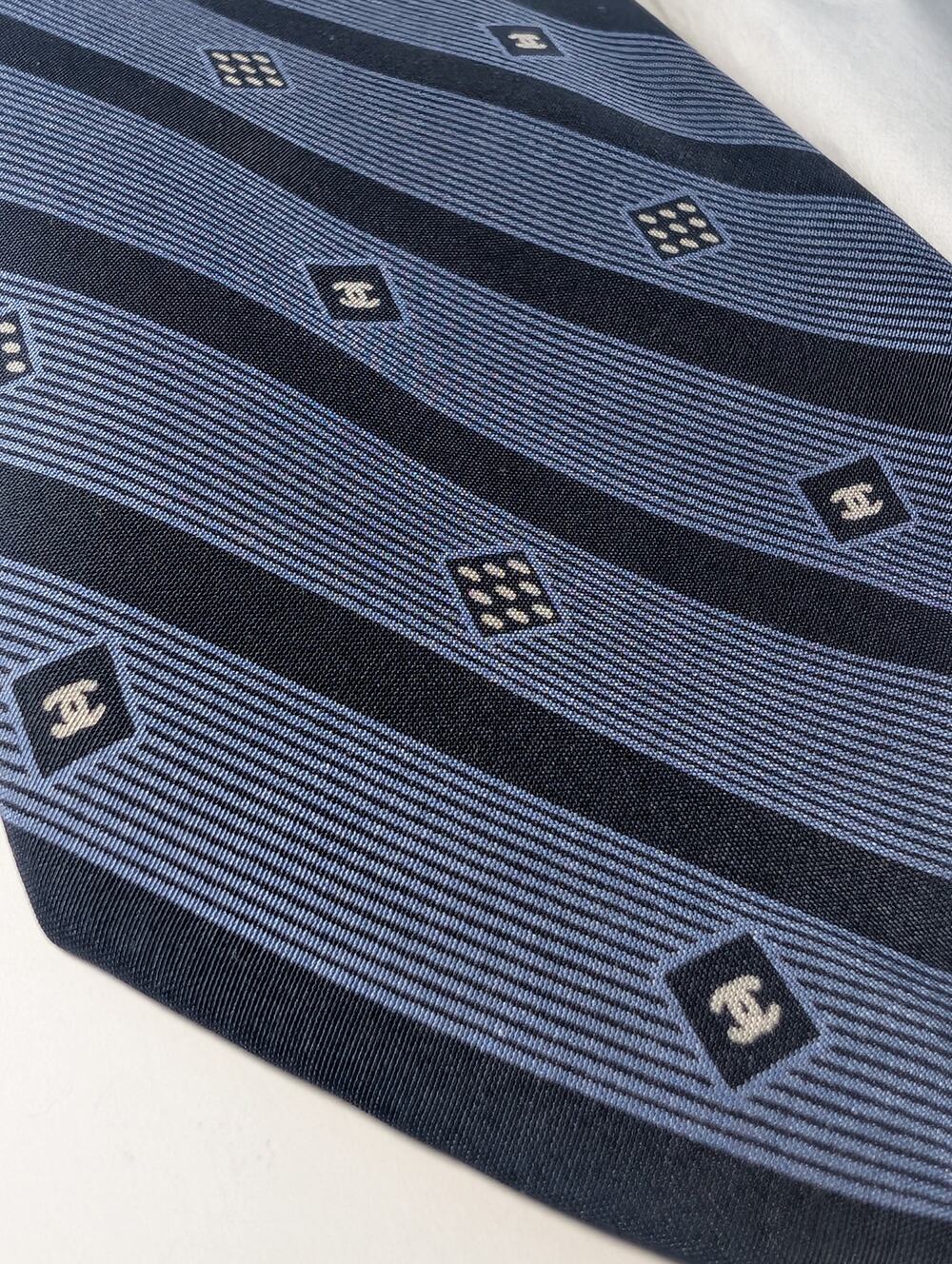 Chanel Monogram Blue and Black Striped Necktie - Giftable with Box